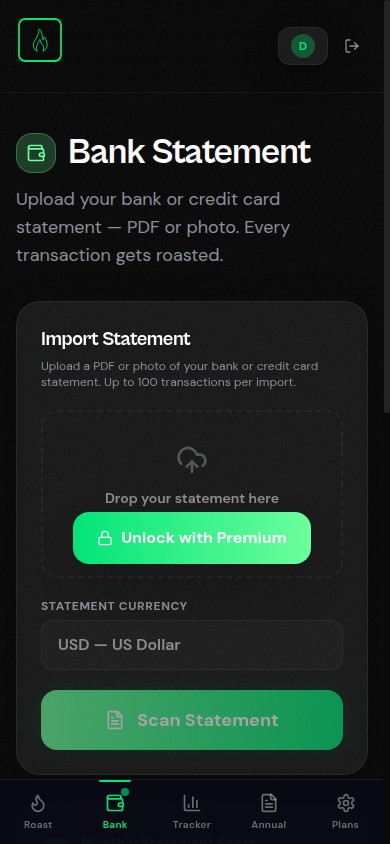 Bank Statement tab — import your statement and roast every transaction