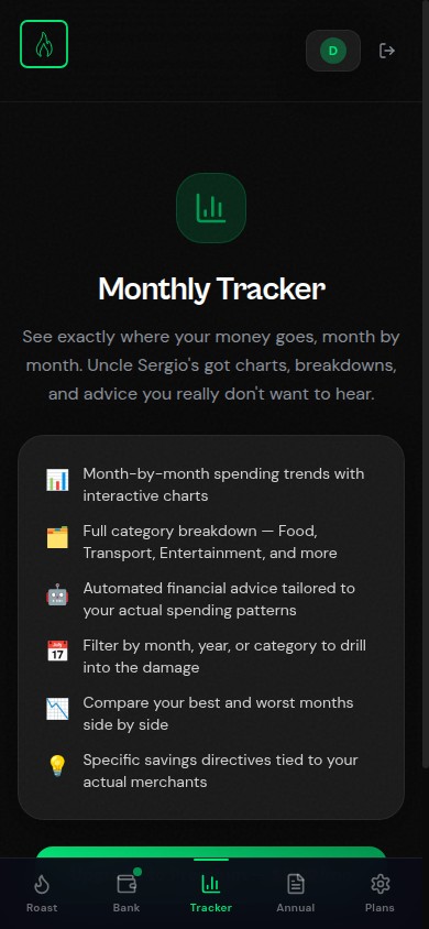 Monthly Tracker tab — spending charts and category breakdowns